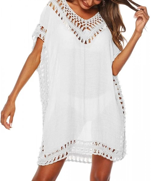 Cover-Ups Swimsuit Cover Ups for Women- V Neck Hollow Out Crochet Chiffon Summer Beach Cover Up Dress- One-Size - White - C01...