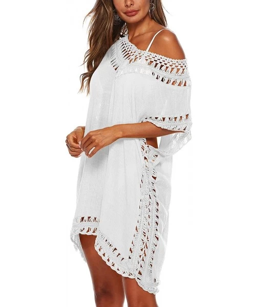 Cover-Ups Swimsuit Cover Ups for Women- V Neck Hollow Out Crochet Chiffon Summer Beach Cover Up Dress- One-Size - White - C01...