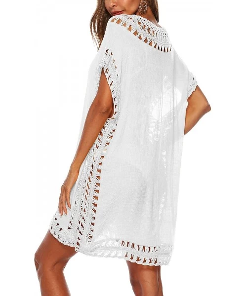 Cover-Ups Swimsuit Cover Ups for Women- V Neck Hollow Out Crochet Chiffon Summer Beach Cover Up Dress- One-Size - White - C01...