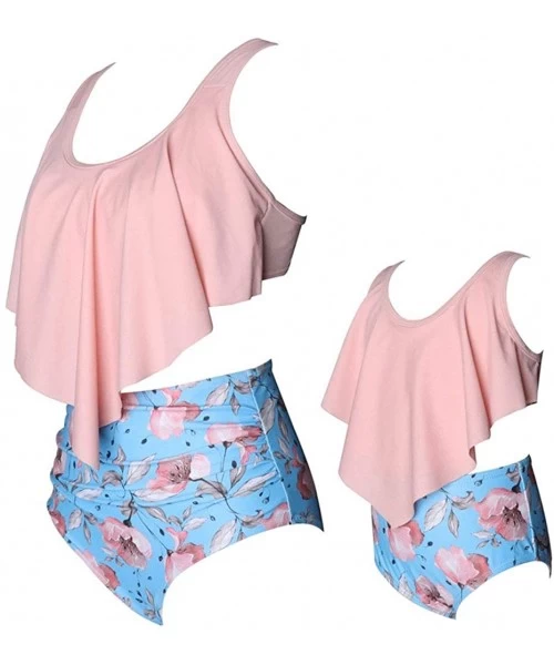 Sets Girl Swimsuit High Waist Swimwear Women Ruffle Bikini 2Pcs Bathing Suit for Family - A - Pink - CJ18NAZ55Z2