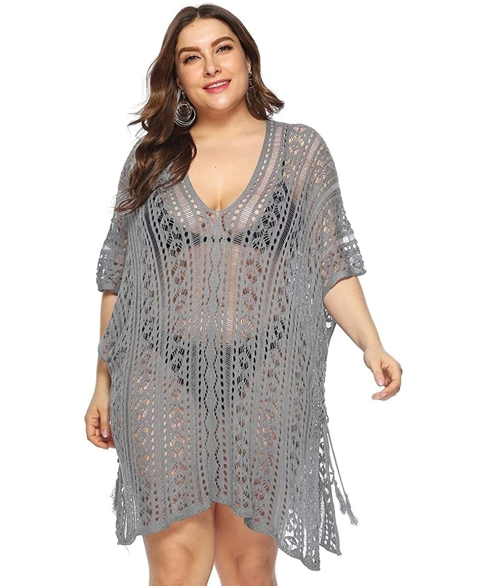 Cover-Ups Womens Plus Size Beach Cover ups Summer Swimwear Mesh Net Shawl Lace Pullover - Gray - CK19CAEYEC4