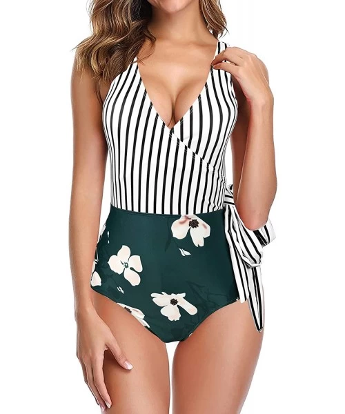 One-Pieces Women's One Piece Retro V Neckline Sexy Bikini Suit Bowknot High Waist Swimsuit(FBA) - Green - C2194RNO3AM