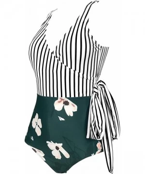 One-Pieces Women's One Piece Retro V Neckline Sexy Bikini Suit Bowknot High Waist Swimsuit(FBA) - Green - C2194RNO3AM