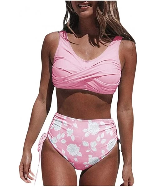 Racing Swimsuits for Women Plus Size Two Piece Bikini Set High Waisted Tie Side Bottom Swimsuits - Pink - CS197HN0H2Z