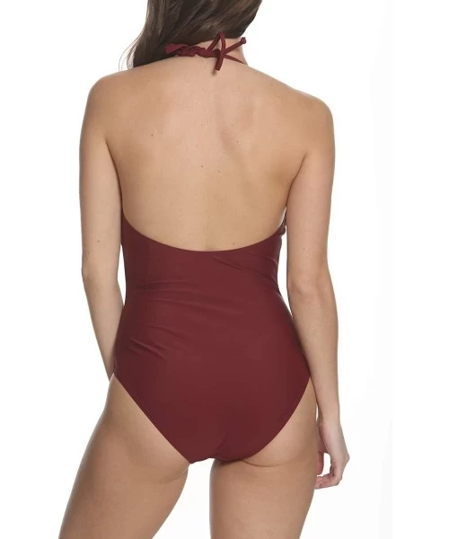 One-Pieces Women's Swimwear Halter Ruffle One Piece - Burgundy - CO18KY87ELW