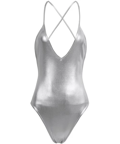 One-Pieces Sexy Women One-Piece Shiny PVC Leather High Cut Leotard Bikini Bodysuit Swimsuit - Silver - CA18EOQGH6L