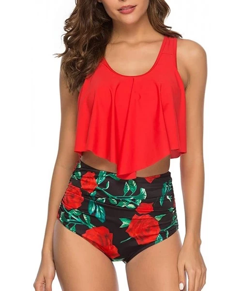 Sets Tankini Swimsuit for Women with High Waisted Bottoms Ruffled Racerback Floral Print 2 Piece Bikini Bathing Suits Red - C...