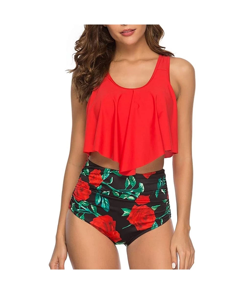 Sets Tankini Swimsuit for Women with High Waisted Bottoms Ruffled Racerback Floral Print 2 Piece Bikini Bathing Suits Red - C...