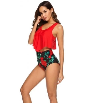 Sets Tankini Swimsuit for Women with High Waisted Bottoms Ruffled Racerback Floral Print 2 Piece Bikini Bathing Suits Red - C...