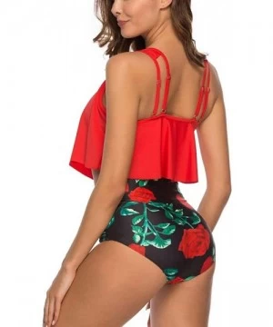 Sets Tankini Swimsuit for Women with High Waisted Bottoms Ruffled Racerback Floral Print 2 Piece Bikini Bathing Suits Red - C...