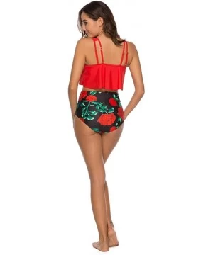 Sets Tankini Swimsuit for Women with High Waisted Bottoms Ruffled Racerback Floral Print 2 Piece Bikini Bathing Suits Red - C...