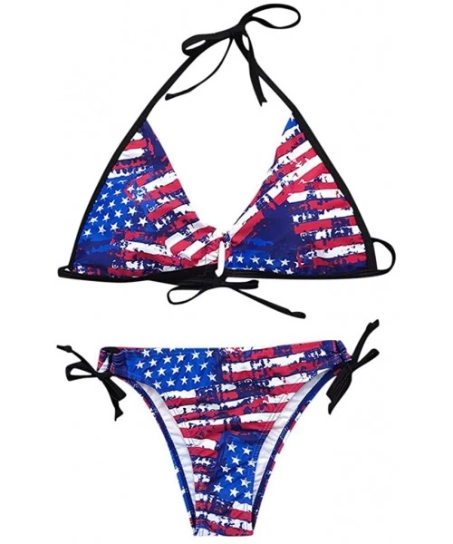 Sets Women 2 Piece Bikini American Flag Printing Swimsuit Halter Push-Up Bra Bandage Beachwear Swimwear - Blue - CJ190TX552M