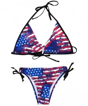 Sets Women 2 Piece Bikini American Flag Printing Swimsuit Halter Push-Up Bra Bandage Beachwear Swimwear - Blue - CJ190TX552M