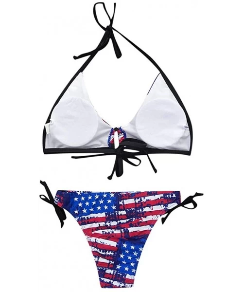 Sets Women 2 Piece Bikini American Flag Printing Swimsuit Halter Push-Up Bra Bandage Beachwear Swimwear - Blue - CJ190TX552M