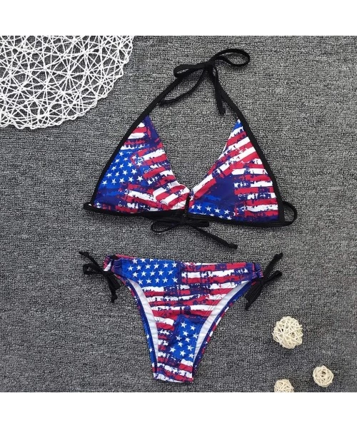 Sets Women 2 Piece Bikini American Flag Printing Swimsuit Halter Push-Up Bra Bandage Beachwear Swimwear - Blue - CJ190TX552M