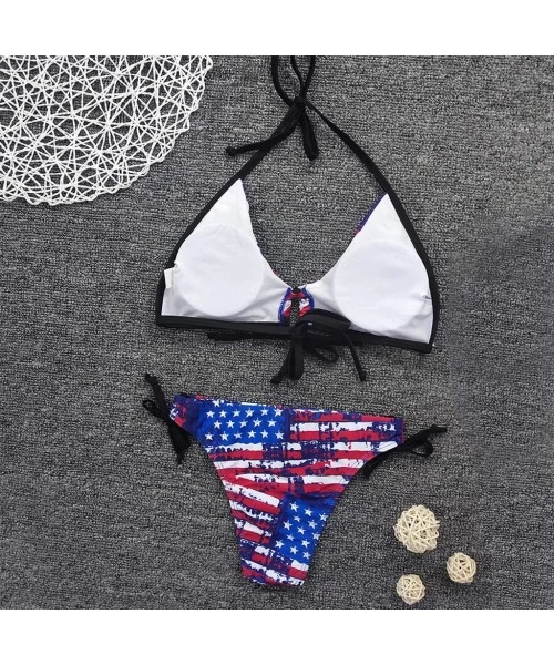 Sets Women 2 Piece Bikini American Flag Printing Swimsuit Halter Push-Up Bra Bandage Beachwear Swimwear - Blue - CJ190TX552M