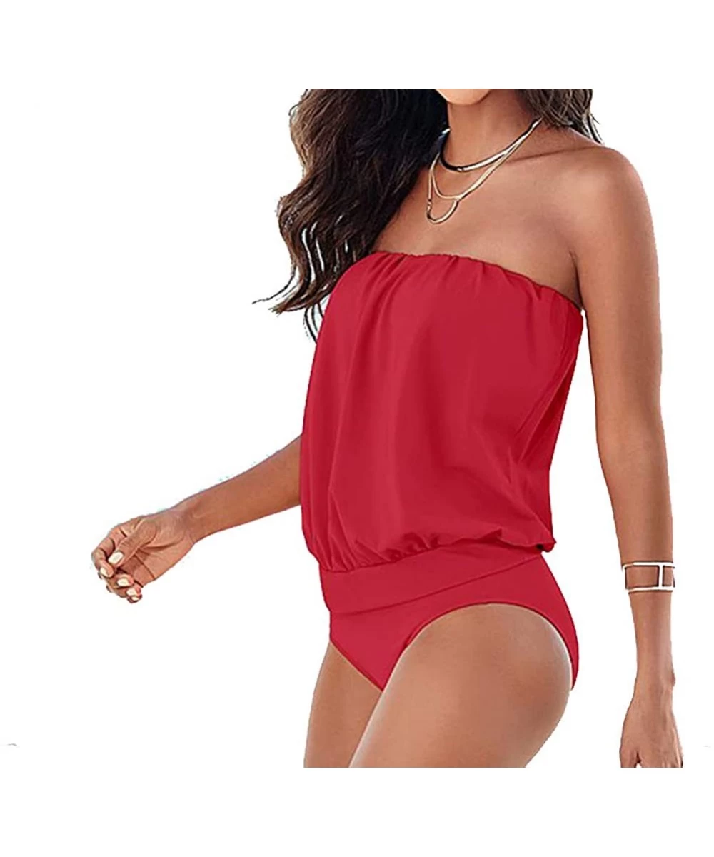 Tankinis Womens Sexy Bandeau Top Triangle Briefs Swimsuit One-Piece Tankini Swimwear - Red - CV182XXUDUI