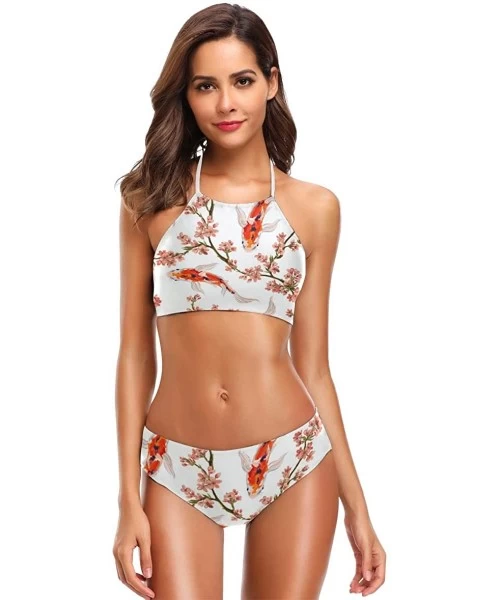 Racing Koi Fish Cherry Blossom Bikini Swimsuit Womens High Neck Halter Two Piece Bathing Suit - CF18Q4IN248