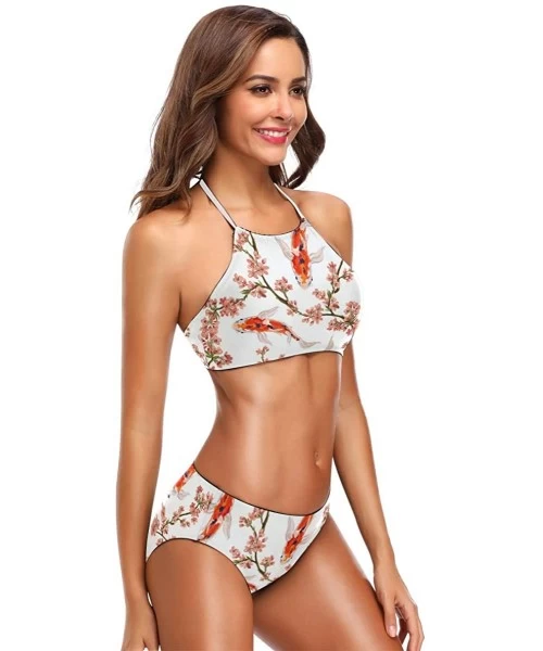 Racing Koi Fish Cherry Blossom Bikini Swimsuit Womens High Neck Halter Two Piece Bathing Suit - CF18Q4IN248