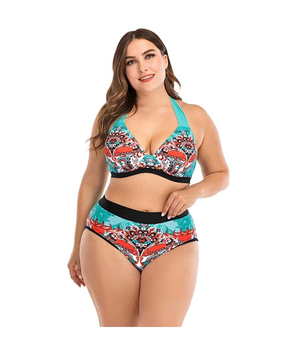 Racing Plus Size Womens High-Waisted Bikini Set Two Pieces Beach Swimwear Bathing Suit Swimsuits - 09 Multicolor - C9194DAAE0Y