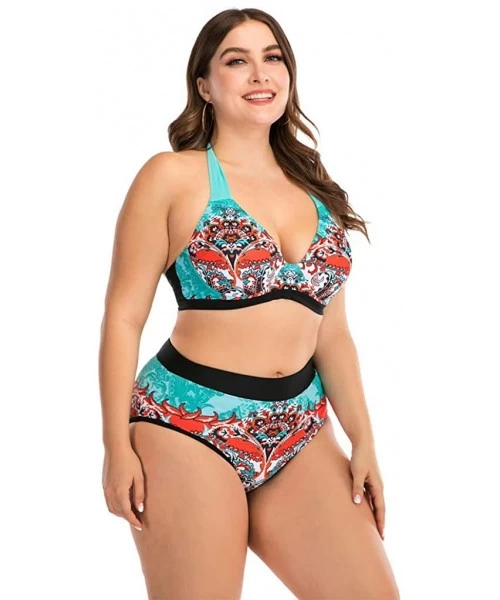 Racing Plus Size Womens High-Waisted Bikini Set Two Pieces Beach Swimwear Bathing Suit Swimsuits - 09 Multicolor - C9194DAAE0Y