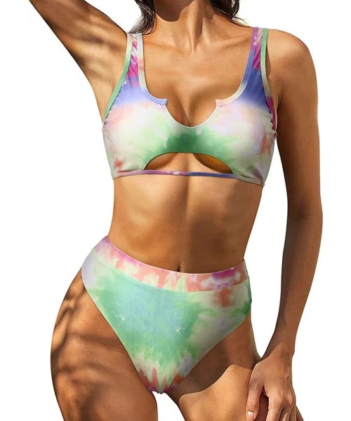 Sets Women Cutout Cheeky High Waisted Tie Dye Sporty 2 Piece Bikini - Green Tie Dye - C5199QKHYWW