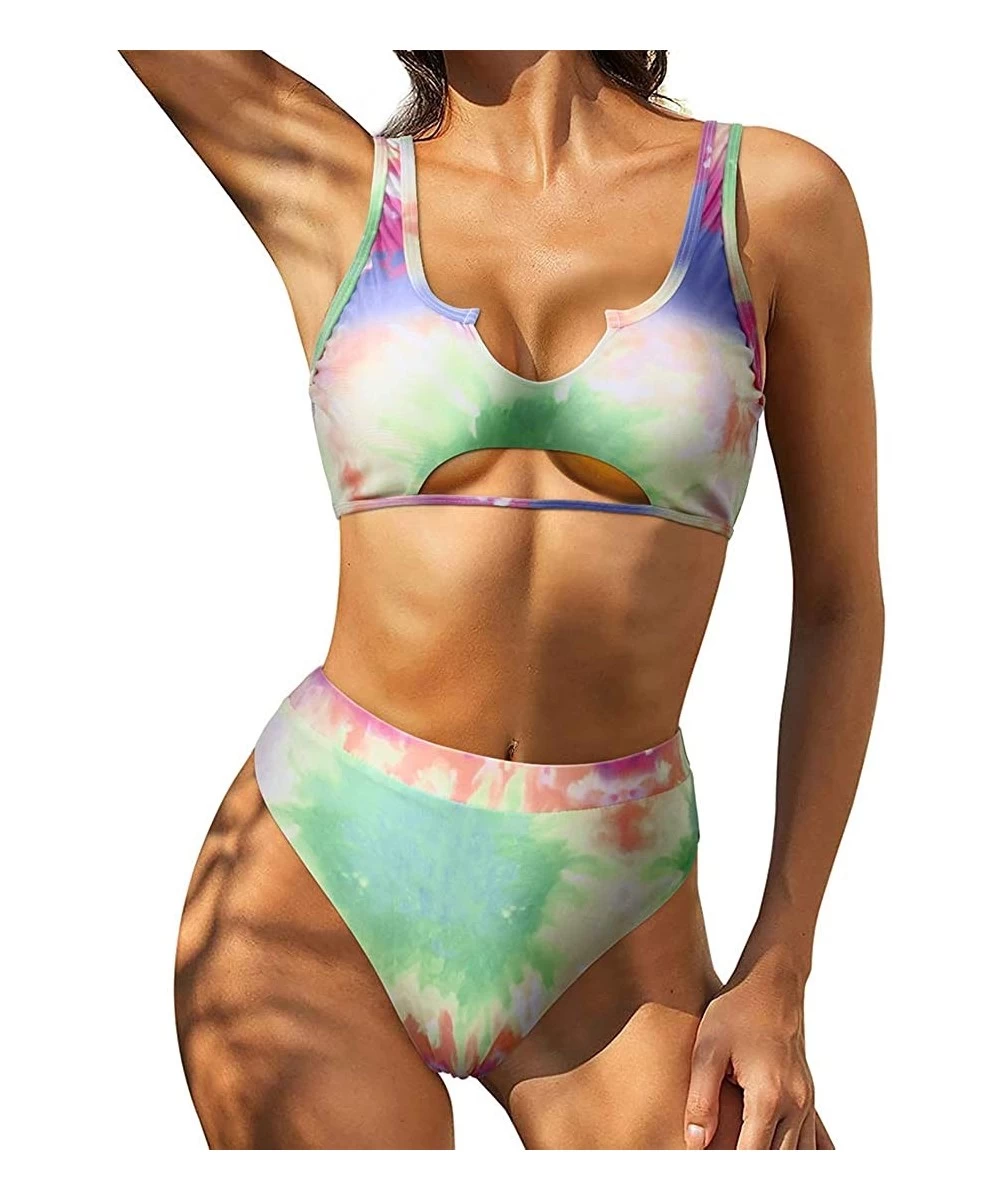 Sets Women Cutout Cheeky High Waisted Tie Dye Sporty 2 Piece Bikini - Green Tie Dye - C5199QKHYWW