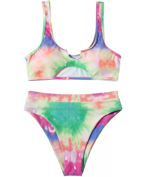 Sets Women Cutout Cheeky High Waisted Tie Dye Sporty 2 Piece Bikini - Green Tie Dye - C5199QKHYWW