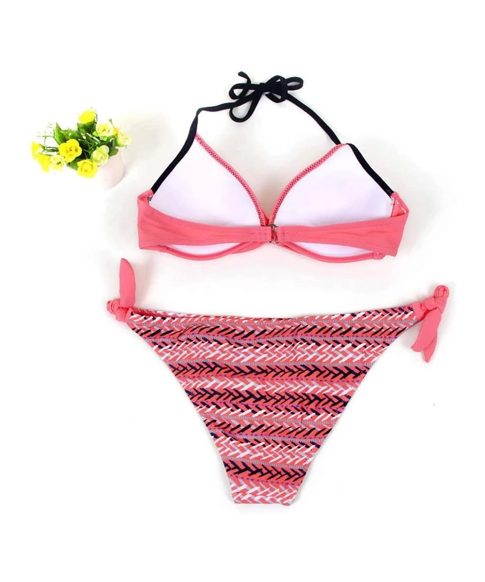 Bottoms Women's Swimsuit Halter Halter Strap Solid Print Bikini Set(V-Red-M) - V-red - CN196U5OOHD