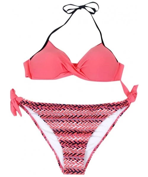 Bottoms Women's Swimsuit Halter Halter Strap Solid Print Bikini Set(V-Red-M) - V-red - CN196U5OOHD