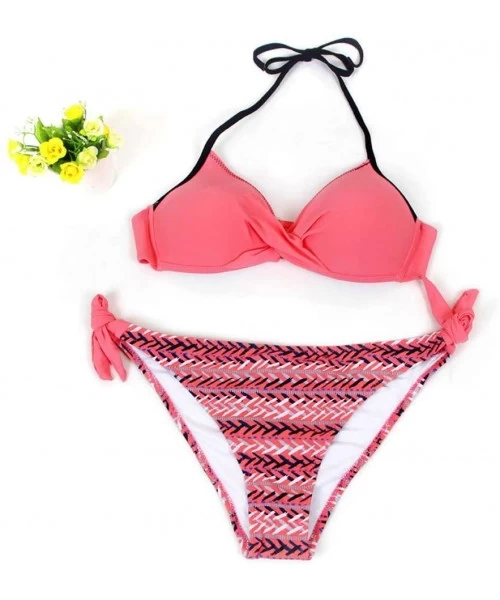 Bottoms Women's Swimsuit Halter Halter Strap Solid Print Bikini Set(V-Red-M) - V-red - CN196U5OOHD