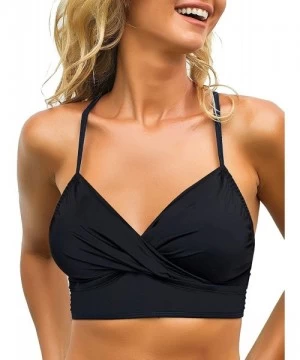 Tops Women's Ruched Wrap Front Tankini Set 2 Piece Swimsuit Beachwear - Wrap Bikini Top Black - C4196OGLI6S