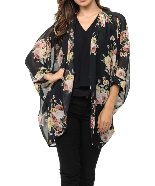 Cover-Ups Womens USA Made Casual Cover Up Cape Gown Robe Cardigan Kimono - Kslfbw1 - English Rose Floral - Black - CW18IQH0QWW