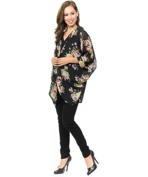 Cover-Ups Womens USA Made Casual Cover Up Cape Gown Robe Cardigan Kimono - Kslfbw1 - English Rose Floral - Black - CW18IQH0QWW