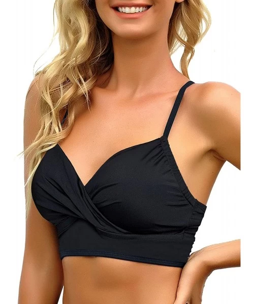 Tops Women's Ruched Wrap Front Tankini Set 2 Piece Swimsuit Beachwear - Wrap Bikini Top Black - C4196OGLI6S