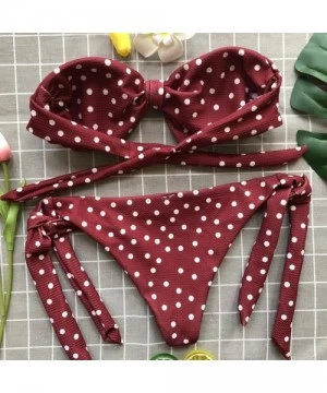 Sets Women Sexy Strapless Bandeau Bikini Set Fashion Polka Dots Print Bathing Suit Knotted Top Tie Side Bottom Swimsuit Wine ...