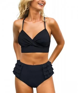 Tops Women's Ruched Wrap Front Tankini Set 2 Piece Swimsuit Beachwear - Wrap Bikini Top Black - C4196OGLI6S