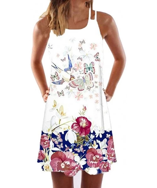 Tops Summer Dresses for Women Beach 3D Butterfly Floral Print Sleeveless Vintage Bohe Tank Short Mini Dress - Yc-white - CY19...