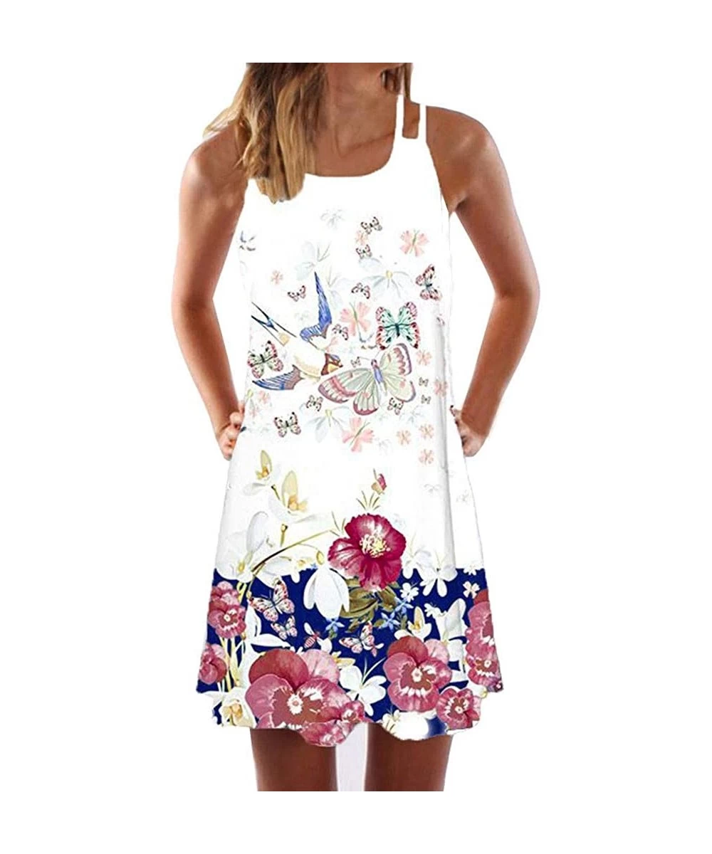 Tops Summer Dresses for Women Beach 3D Butterfly Floral Print Sleeveless Vintage Bohe Tank Short Mini Dress - Yc-white - CY19...