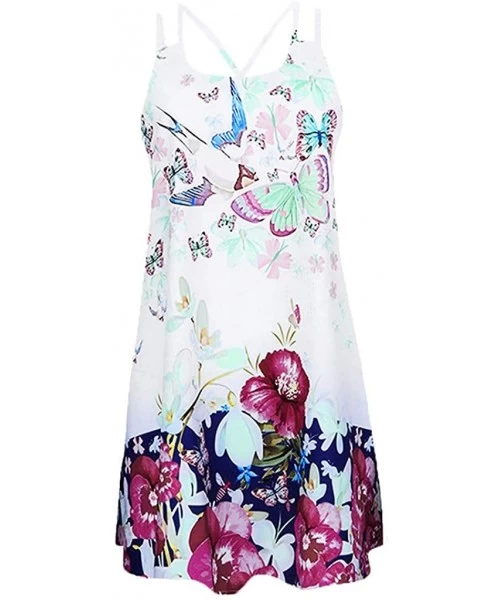 Tops Summer Dresses for Women Beach 3D Butterfly Floral Print Sleeveless Vintage Bohe Tank Short Mini Dress - Yc-white - CY19...