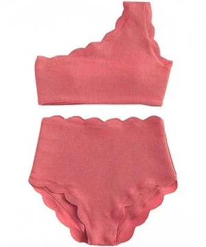 Sets Womens High Waisted Scalloped Flounce Trim One Shoulder Two Pieces Bikini Bathing Suit Lady Vintage Swimsuit Pink - CY18...