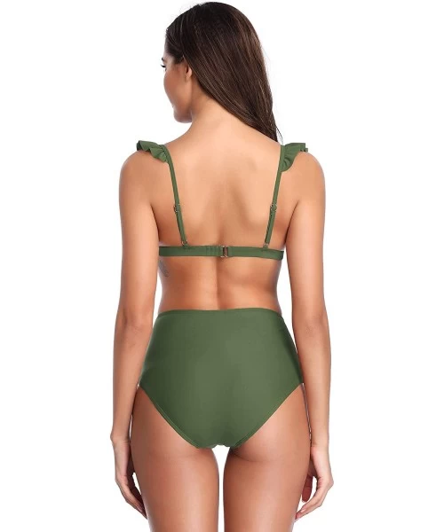 Bottoms Women's Ruffles Triangle High Waisted Bikini Bottom Bathing Swimsuit - Olive Green - CO18NALN79G