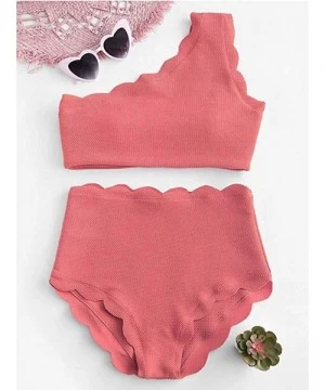 Sets Womens High Waisted Scalloped Flounce Trim One Shoulder Two Pieces Bikini Bathing Suit Lady Vintage Swimsuit Pink - CY18...