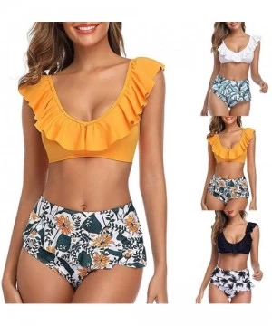 One-Pieces Women's Ruffle Two Piece Bikini Flounce Top with High Waisted Tummy Control Bottom Cute Vintage Swimsuits 03 Yello...