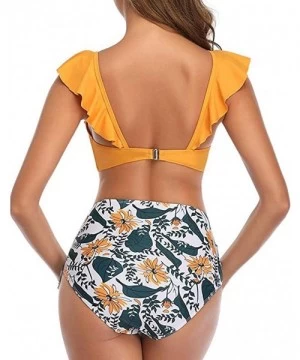 One-Pieces Women's Ruffle Two Piece Bikini Flounce Top with High Waisted Tummy Control Bottom Cute Vintage Swimsuits 03 Yello...