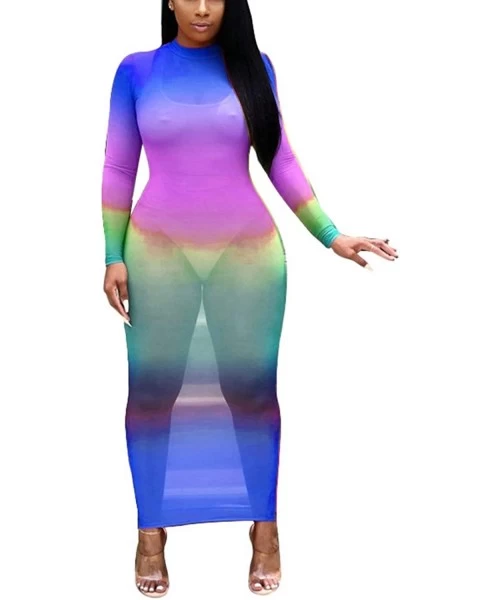 Cover-Ups Women Sexy Long Bodycon Dress - Long Sleeve Turtleneck Neck Colorful Sheer Mesh See Through Club Maxi Dress - Color...