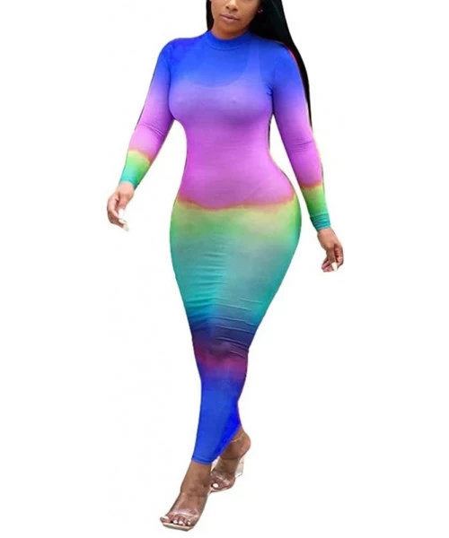 Cover-Ups Women Sexy Long Bodycon Dress - Long Sleeve Turtleneck Neck Colorful Sheer Mesh See Through Club Maxi Dress - Color...