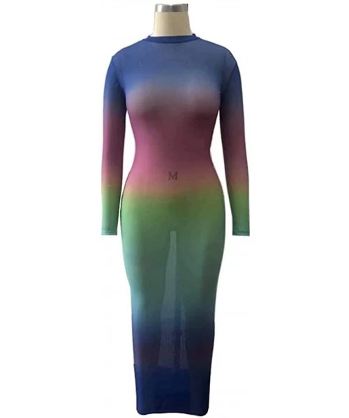 Cover-Ups Women Sexy Long Bodycon Dress - Long Sleeve Turtleneck Neck Colorful Sheer Mesh See Through Club Maxi Dress - Color...