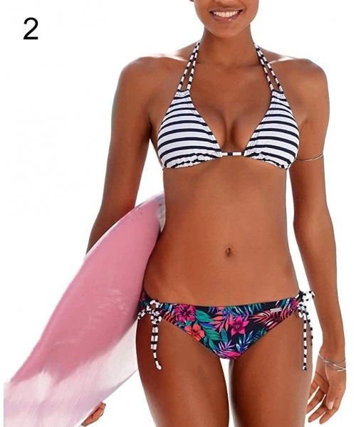 Sets Swimsuits for Women- Flower Striped Geometric Women Halter Bikini Set Two-piece Swimwear Swimsuit - 2 - CM18SDY2RQL