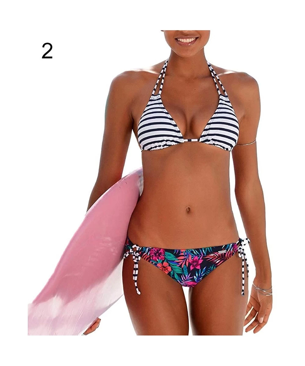 Sets Swimsuits for Women- Flower Striped Geometric Women Halter Bikini Set Two-piece Swimwear Swimsuit - 2 - CM18SDY2RQL